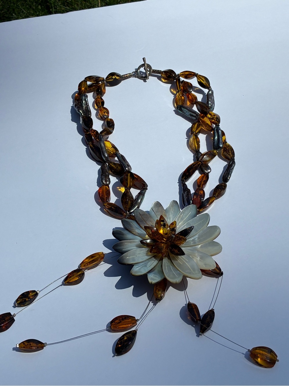Amber and Mother-of-Pearl Floral Statement Necklace